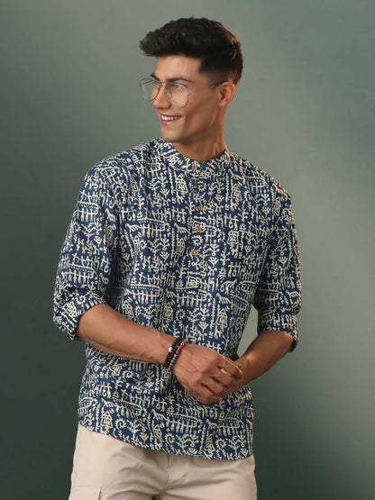 vastramay mens navy blue tribal printed cotton short kurta