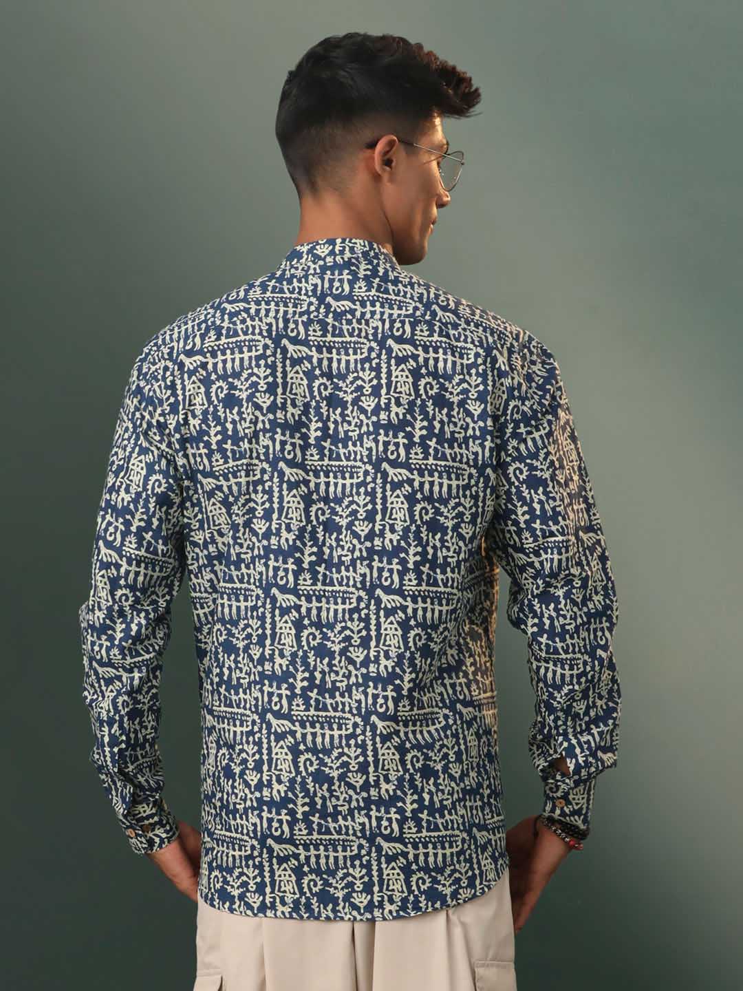 vastramay mens navy blue tribal printed cotton short kurta