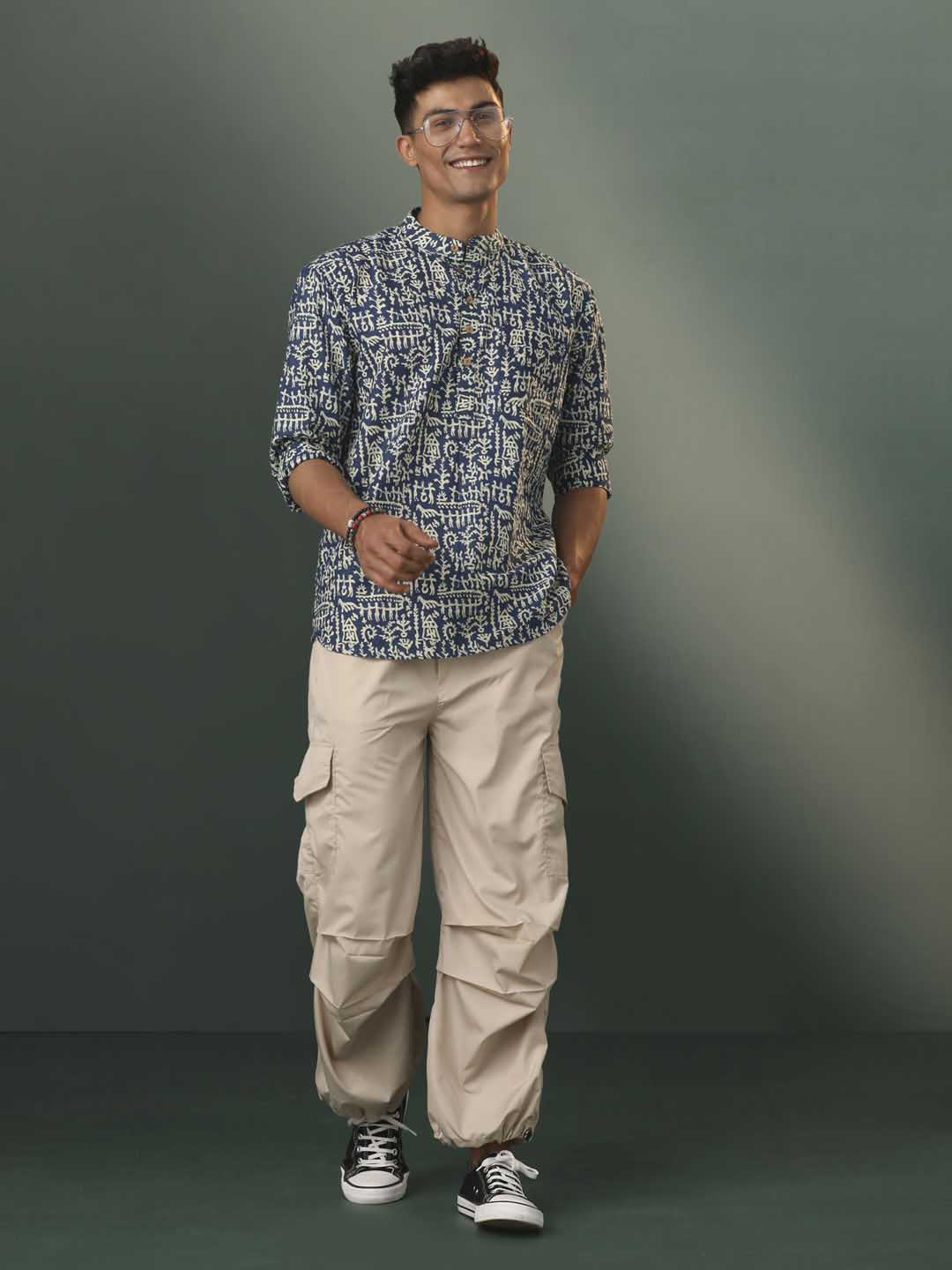 vastramay mens navy blue tribal printed cotton short kurta