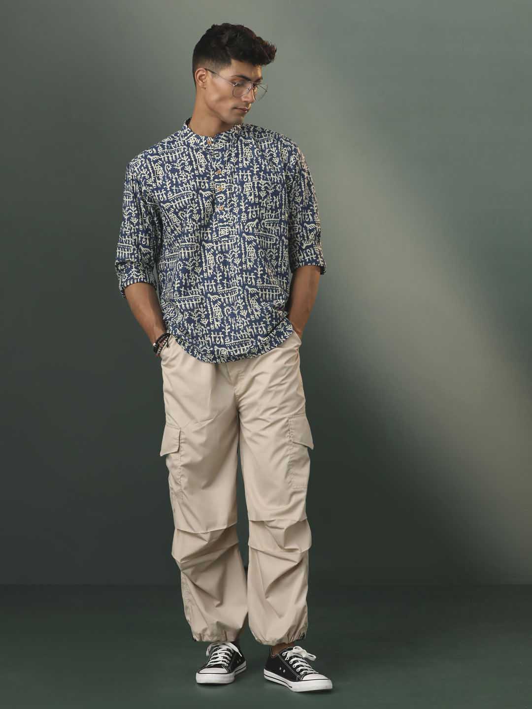 vastramay mens navy blue tribal printed cotton short kurta