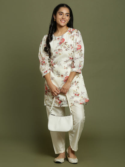 Yuva VASTRAMAY Girls Cream Floral Printed Kurta With Cream Pant Set - PUSHMYCART