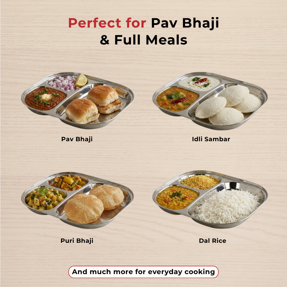 Vinod Stainless Steel 3 Compartment Plate with Round Edges, Pav Bhaji Plates, Idli Sambhar Breakfast Plate, Lunch / Dinner Plate [Pack of 2] - view 13