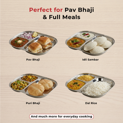 Vinod Stainless Steel 3 Compartment Plate with Round Edges, Pav Bhaji Plates, Idli Sambhar Breakfast Plate, Lunch / Dinner Plate [Pack of 2] - view 13