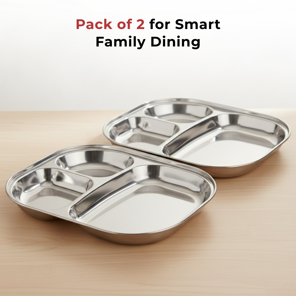 Vinod Stainless Steel 3 Compartment Plate with Round Edges, Pav Bhaji Plates, Idli Sambhar Breakfast Plate, Lunch / Dinner Plate [Pack of 2] - view 9
