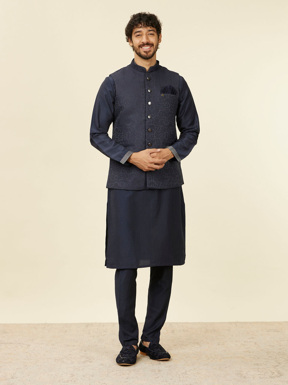 Manyavar Dark Blue Medallion Patterned Nehru Jacket - view 3