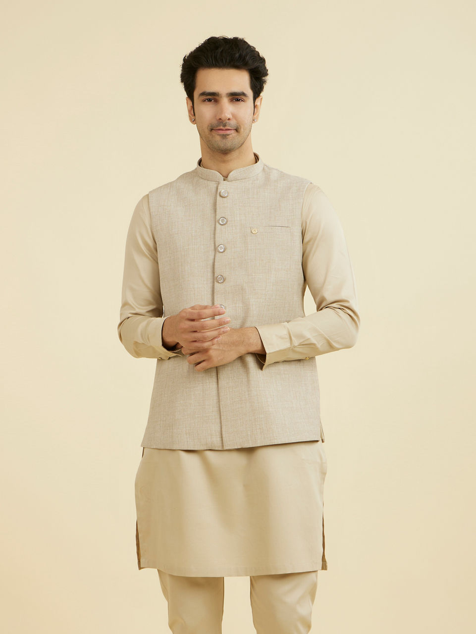 Manyavar Natural Beige Nehru Jacket