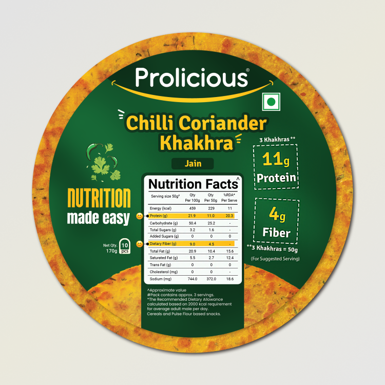 Prolicious Chilli Coriander Khakhra 10g natural protein snack.