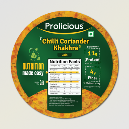 Prolicious Chilli Coriander Khakhra 10g natural protein snack.