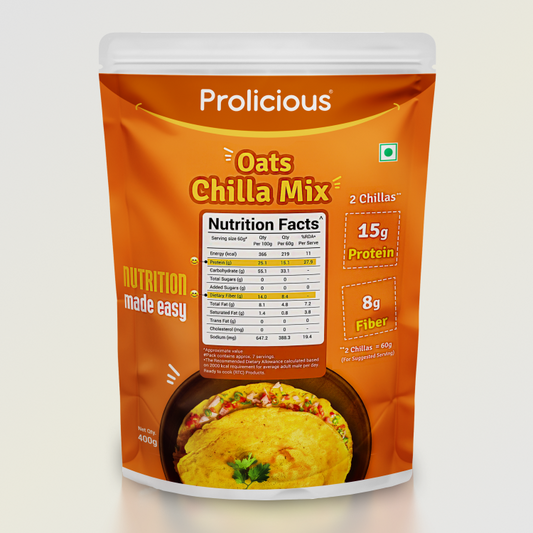 Prolicious Oats Chilla Mix 15g Natural Protein packaging, showcasing brand and key benefits.
