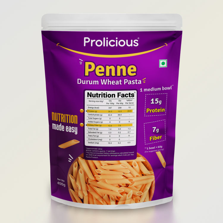 Prolicious Penne Pasta 15g natural protein pack, front view.