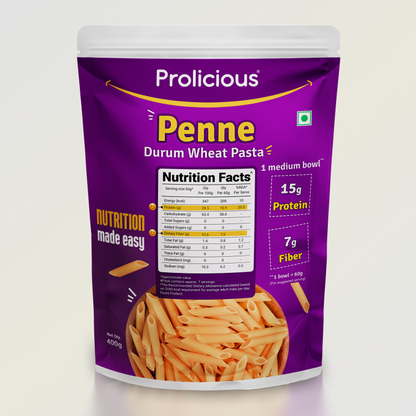 Prolicious Penne Pasta 15g natural protein pack, front view.