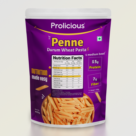 Prolicious Penne Pasta 15g natural protein pack, front view.