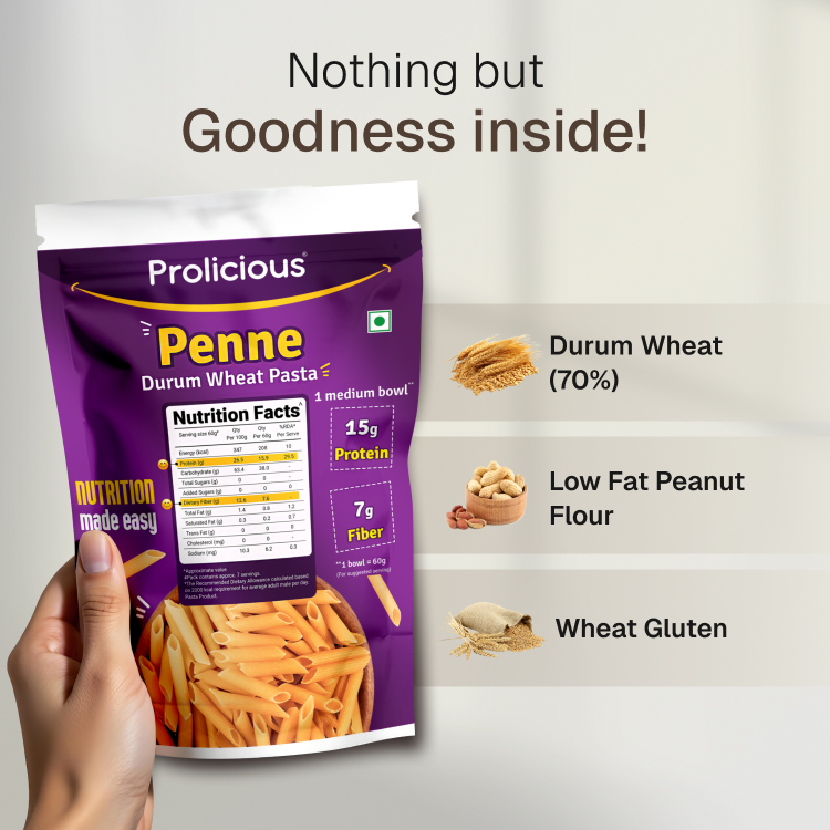 Prolicious healthy pasta packaging highlighting 15g protein content.