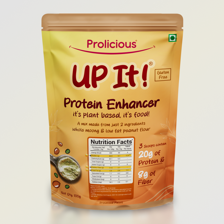 Prolicious UP It Natural Protein Enhancer packaging, highlighting 'Plant Based' for daily protein boost.