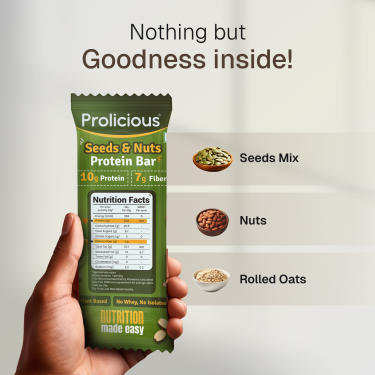 Prolicious natural protein bar, packed with essential nutrients.
