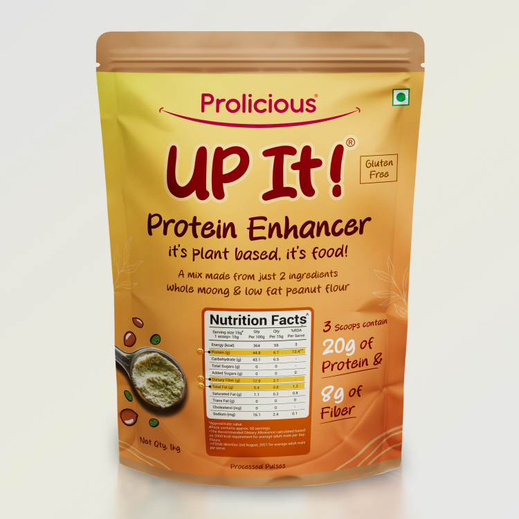 Prolicious UP It Plant Based Protein Enhancer being stirred into a vibrant green smoothie, demonstrating easy integration.
