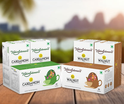 Atiya Herbs Hakim Suleman's Cardamom Tea Pack 4 with tea bags, loose cardamom pods, and dried tea leaves. - Image 7