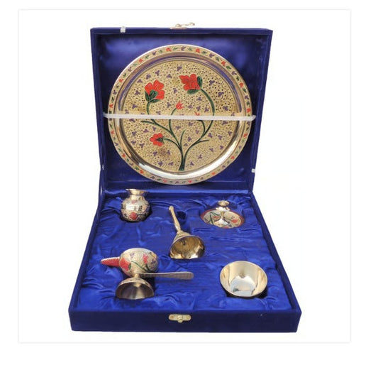 Puja Thali Set In Brass With Velvet Box - PUSHMYCART