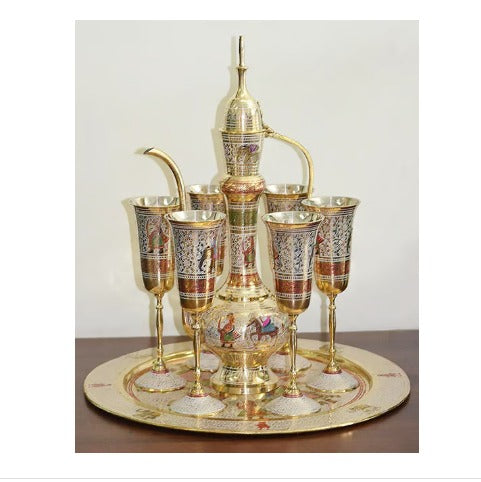 Brass Showpiece Surahi Set With 6 Wine Glasses - PUSHMYCART