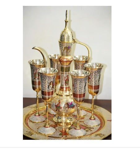 Brass Showpiece Surahi Set With 6 Wine Glasses - PUSHMYCART
