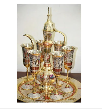 Brass Showpiece Surahi Set With 6 Wine Glasses - PUSHMYCART