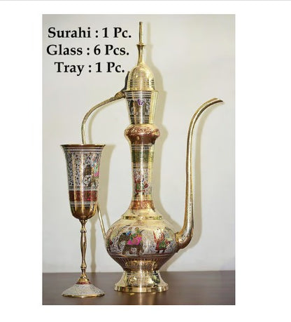 Brass Showpiece Surahi Set With 6 Wine Glasses - PUSHMYCART