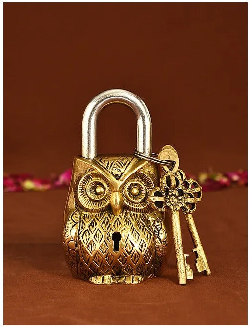 Brass Showpiece & Working Owl Shape Lock - PUSHMYCART