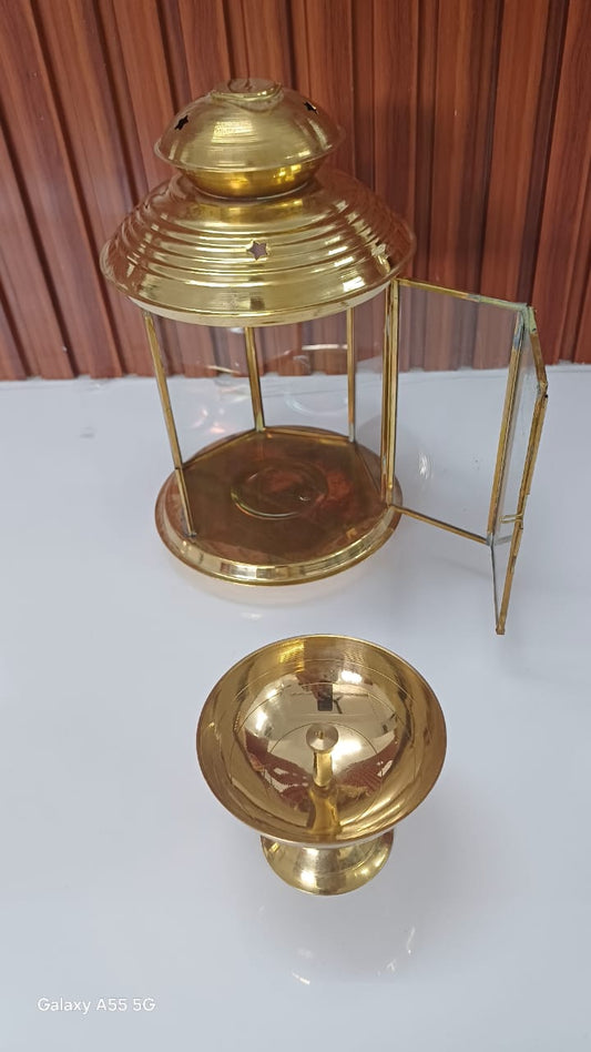 Brass Akhand Glass Jyoti Diya Stand 579g - PUSHMYCART