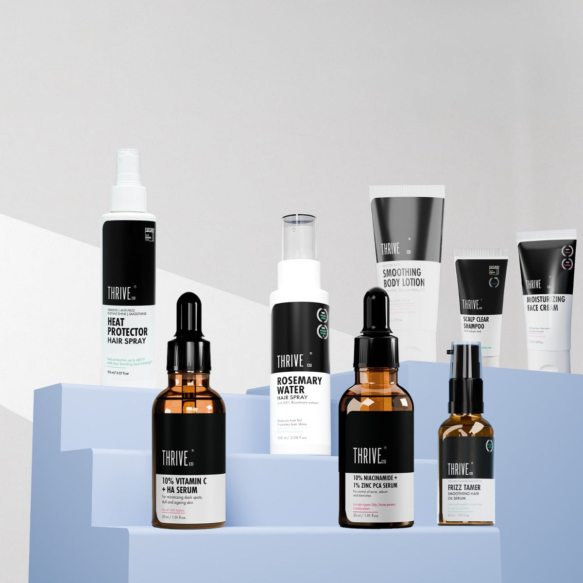 Thriveco Winter Essential Kit with various skincare and haircare products for cold weather protection.