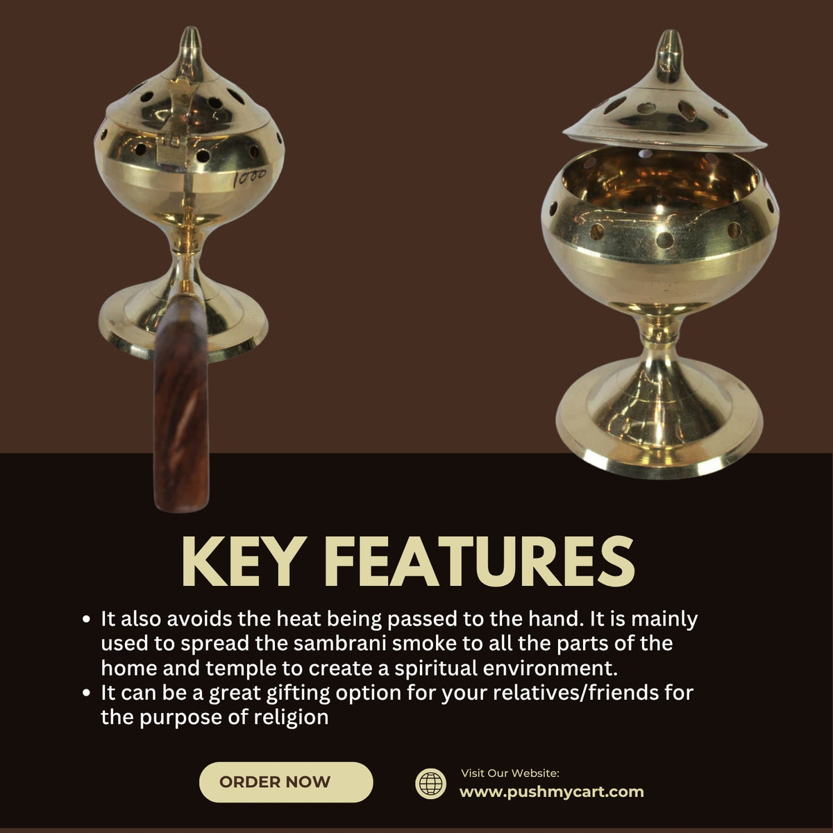 Brass Dhuna Dhoop Dani with Handle 222g - PUSHMYCART