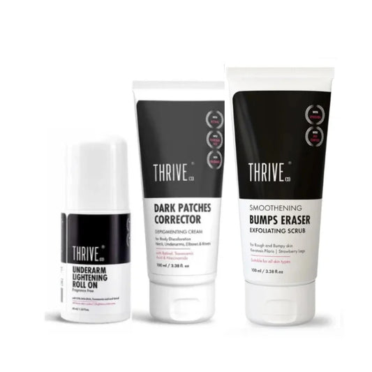 Thriveco Dark Patches Corrector, Underarm Lightening Roll-on, and Smoothing Body Lotion set on a clean background.