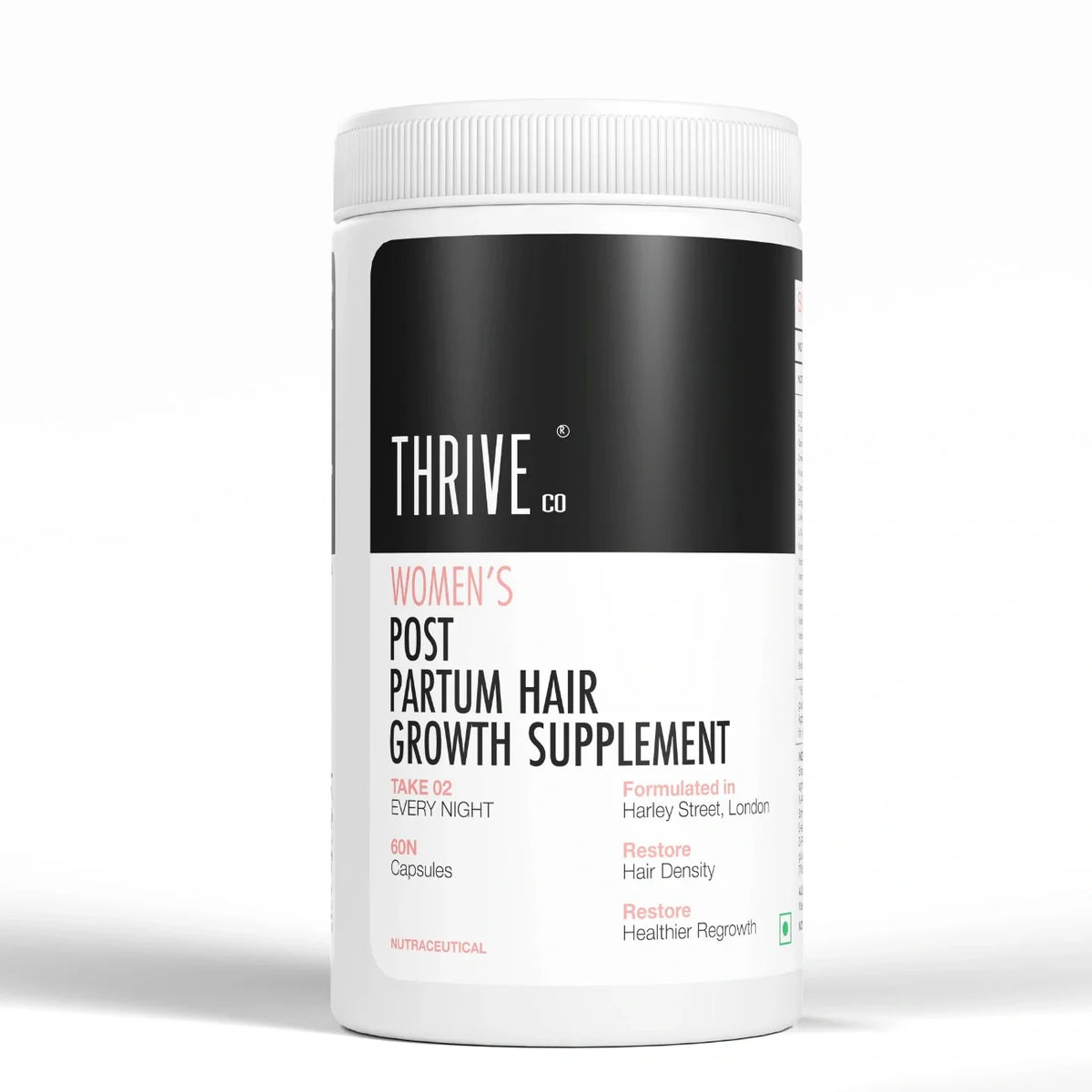 Thriveco Postpartum Hair Growth Supplement 60N for women, showing bottle and capsules, against a soft background. - Image 2