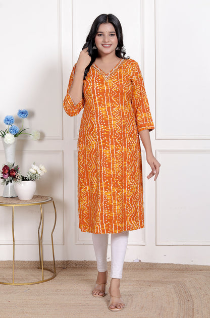 Miravan Womens Yellow Bandhani Printed Straight Kurti