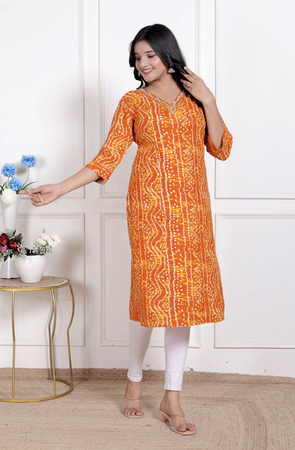 Miravan Womens Yellow Bandhani Printed Straight Kurti - view 2
