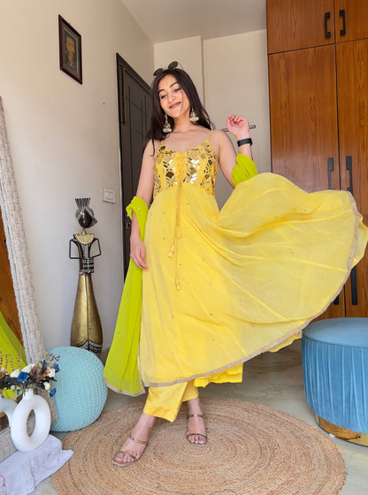 Kzari Yellow Georgette Anarkali Suit with Embroidered Dupatta - PUSHMYCART