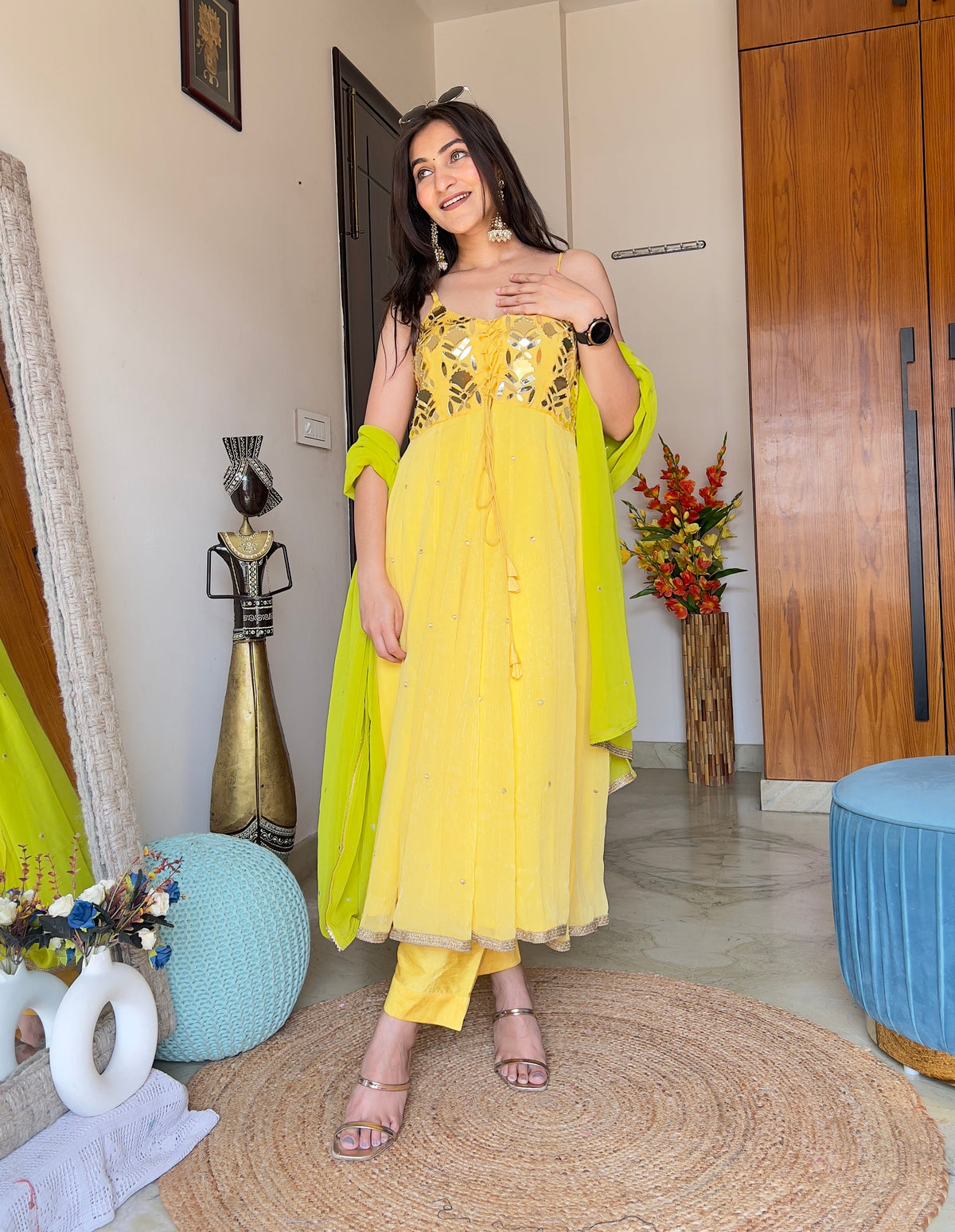 Kzari Yellow Georgette Anarkali Suit with Embroidered Dupatta - PUSHMYCART
