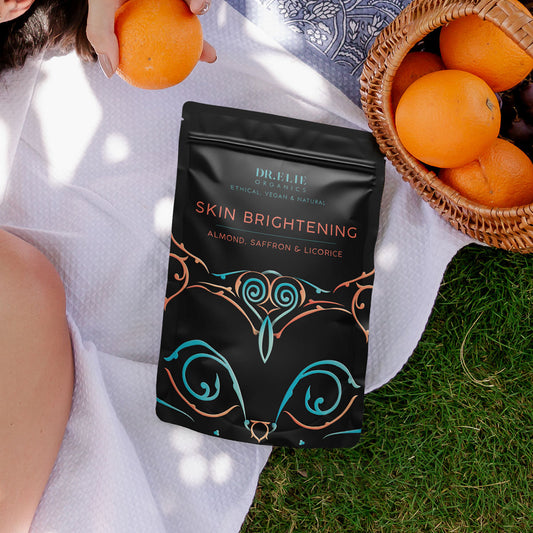 Dr Elie Organics Organic Skin Brightening Facial Kit featuring almond, saffron, and licorice ingredients.