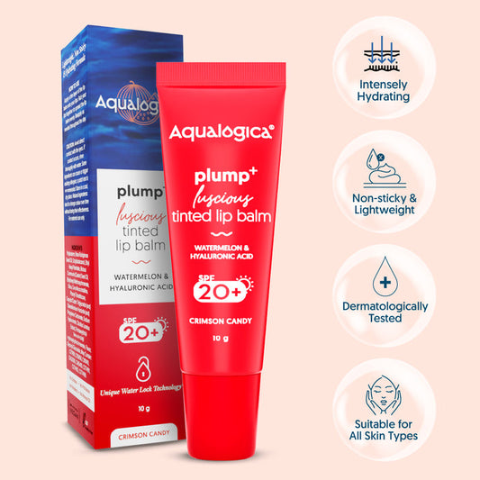Aqualogica Crimson Candy Plump+ Luscious Tinted SPF 20+ Lip Balm with Watermelon & Hyaluronic Acid 10g