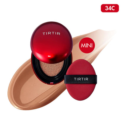 TIRTIR Mask Fit Red Mini Cushion Foundation 34C Amber compact, ideal for portable, long-wear makeup.