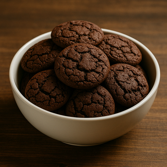 Close-up of Fab Box Belgian Chocolate Cookies, showcasing their rich texture and chocolate chips.