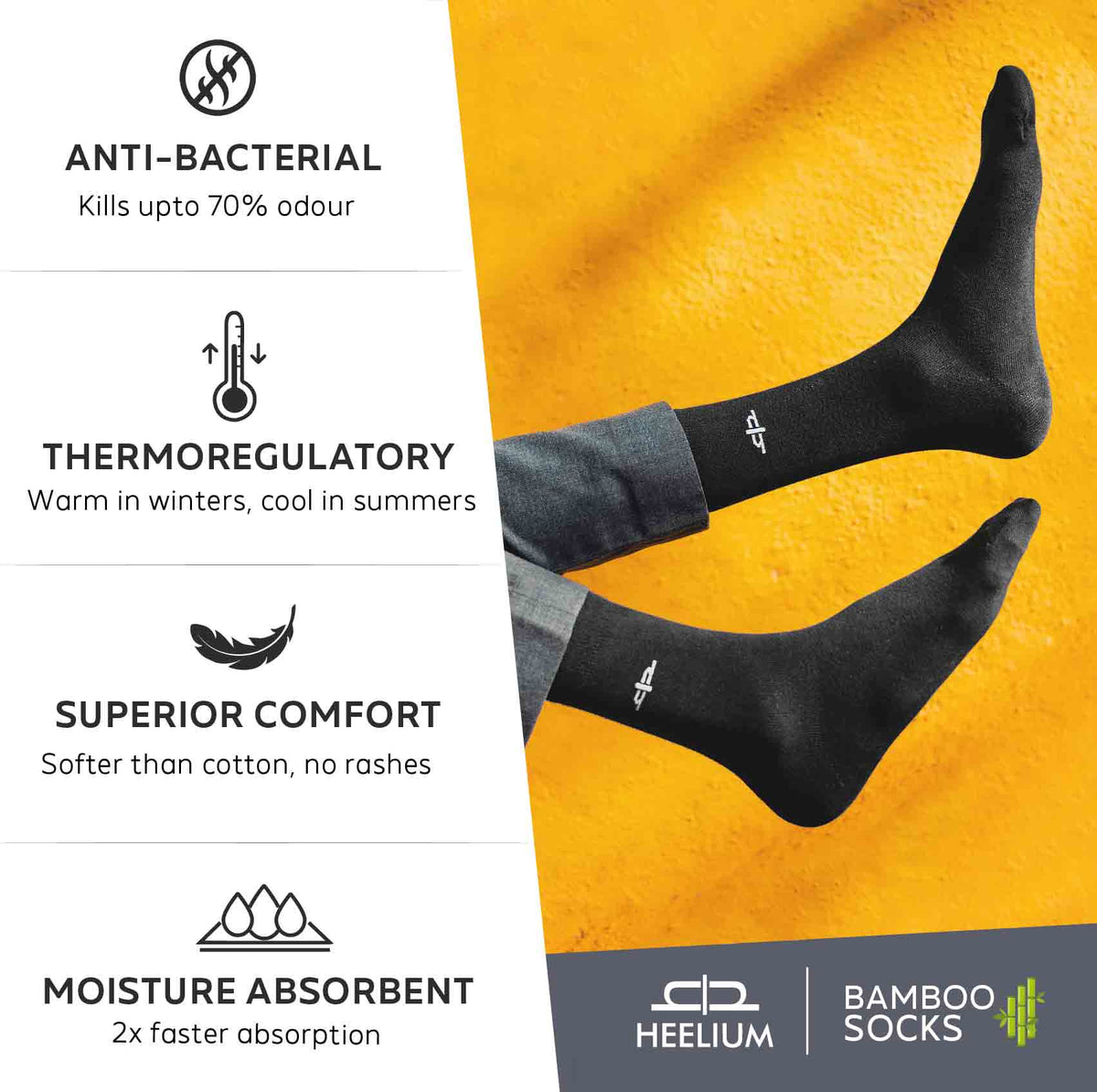 Heelium Bamboo Men Crew Socks (Thin & Light) - 2 Pairs