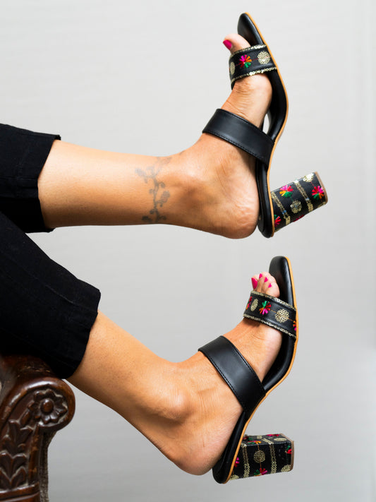 Dhaga Black Beauty Embroidered Block Heel Kolhapuri for Women