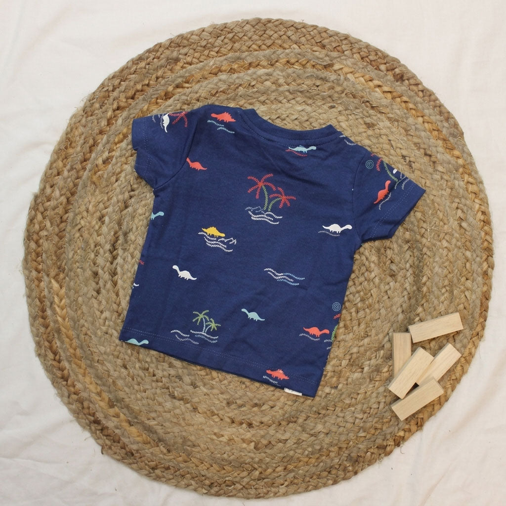 Back view of a navy blue baby tee showing comfortable short sleeves.