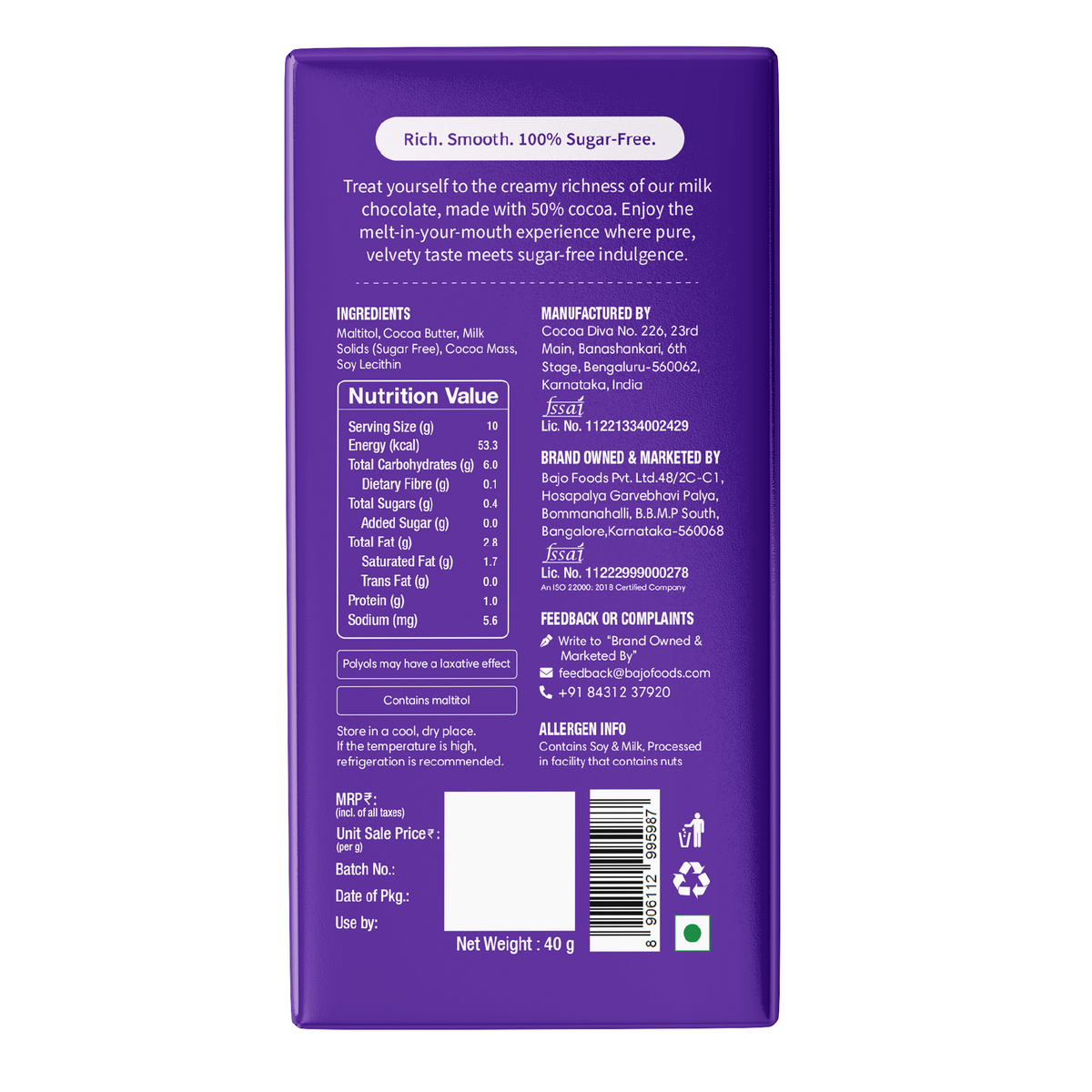 Sugar Free Milk Chocolate Bar 