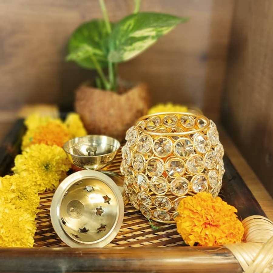 Brass Crystal Akhand Jyoti Diya 388g - PUSHMYCART