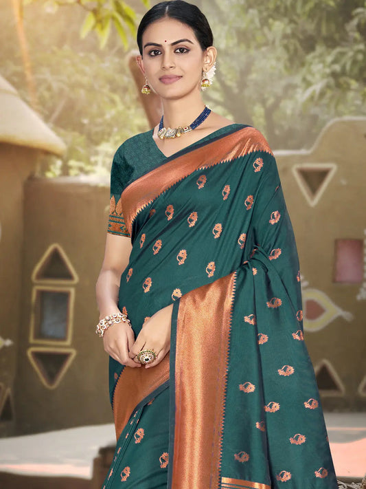Deeva Sarees Dark Green Silk Saree - PUSHMYCART