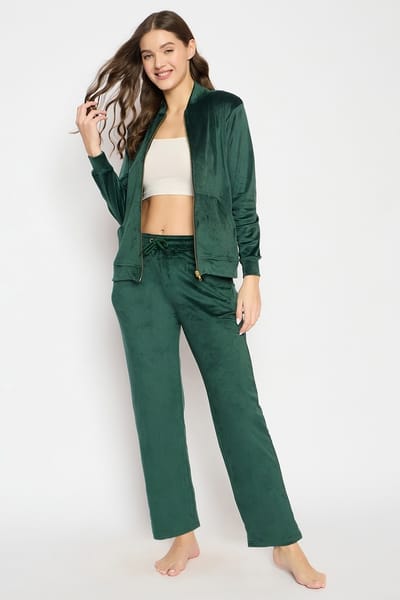 Clovia Chic Basic Jacket &amp Pyjama Set in Dark Green - Velour
