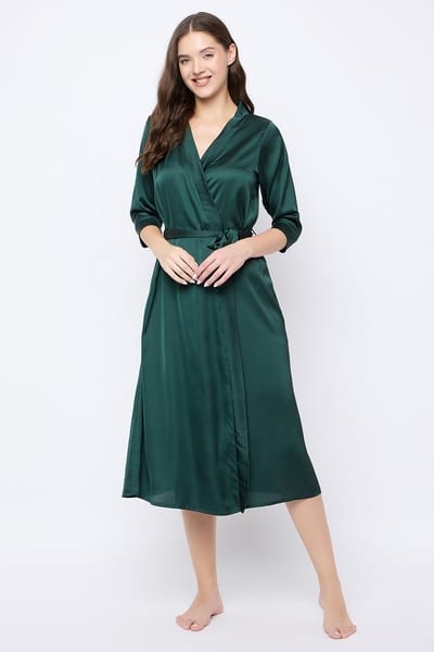 Clovia Chic Basic Long Robe in Dark Green - Satin