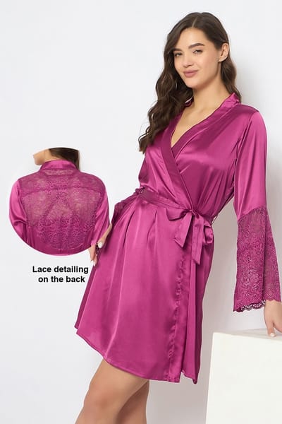 Clovia Chic Basic Robe in Magenta - Satin &amp Lace