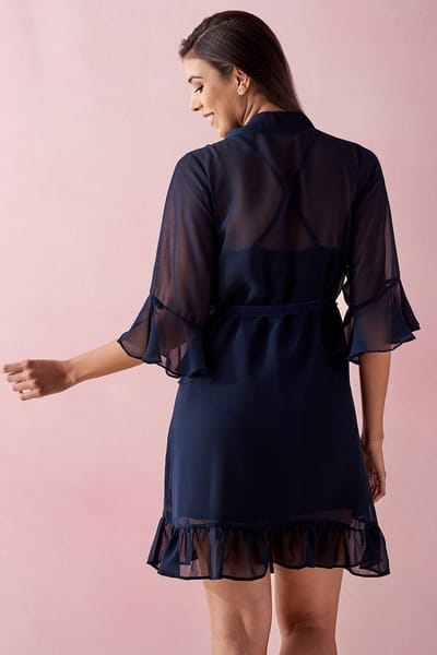 Clovia Chic Basic Robe in Navy - Lace &amp Georgette